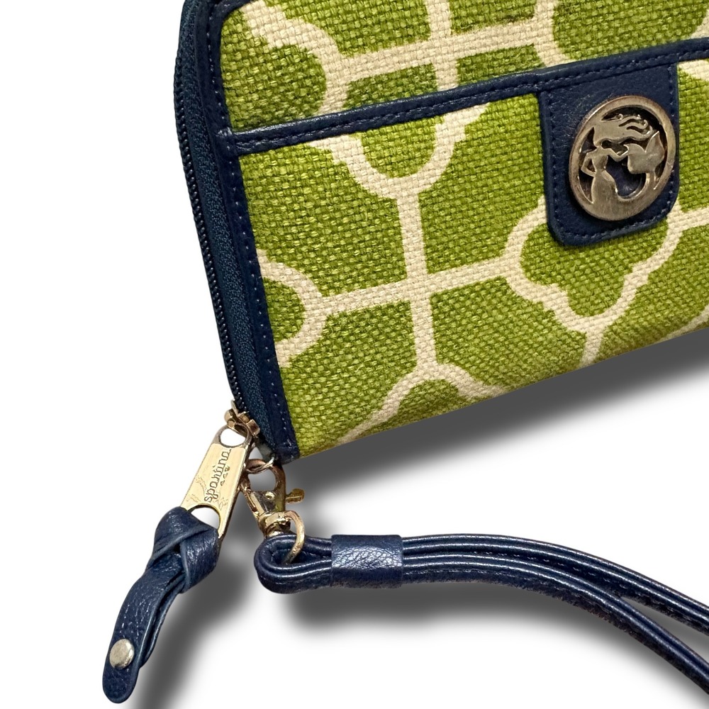 Spartina 449‎ Green Navy Linen Leather Quatrefoil Zip Around Wristlet Wallet - Picture 3 of 6